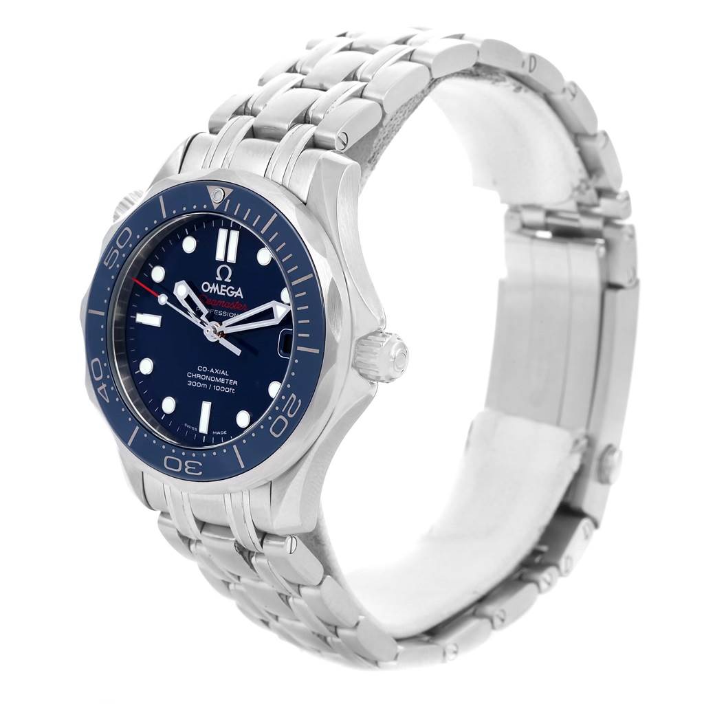 The Omega Seamaster 212.30.36.20.03.001 Men
s Stainless Steel Blue Dial 212.30.36.20.03.001 Men
s Stainless Steel Blue Dial watch is viewed at an angle from the front-left, showcasing its face, bezel, crown, and bracelet.