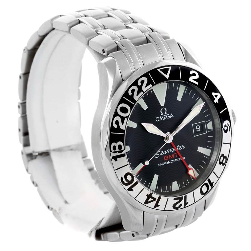 The image shows the front angle of the Omega Seamaster 2534.50.00 Men
s Stainless Steel Black Dial 2534.50.00 Men
s Stainless Steel Black Dial GMT watch, highlighting its dial, bezel, and metal bracelet.