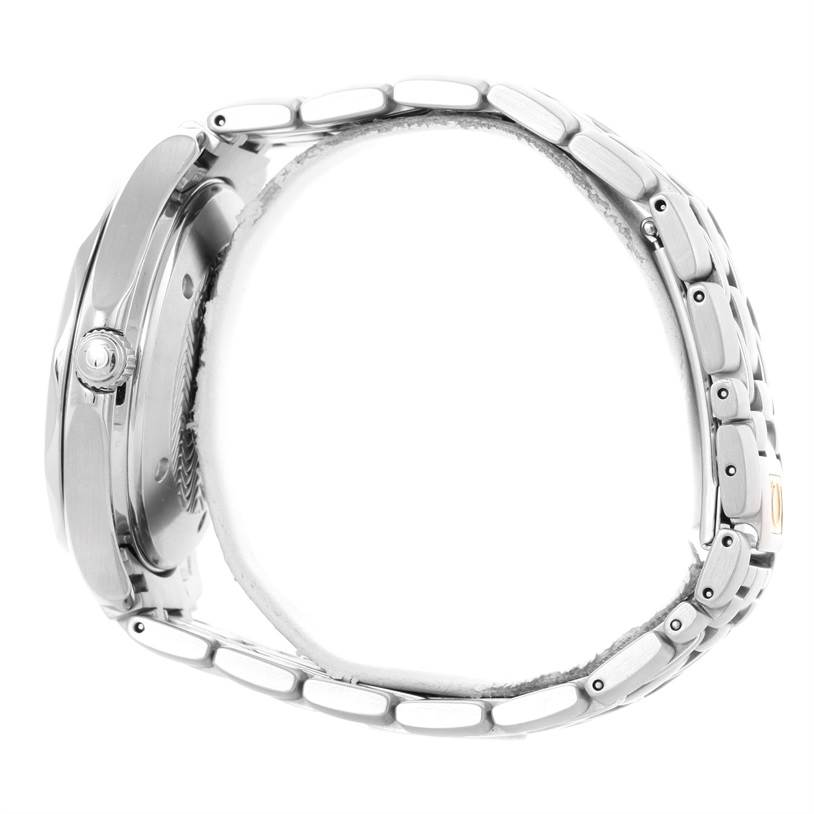 The image shows a side profile view of an Omega Seamaster 2534.50.00 Men
s Stainless Steel Black Dial 2534.50.00 Men
s Stainless Steel Black Dial watch focusing on the crown and bracelet.