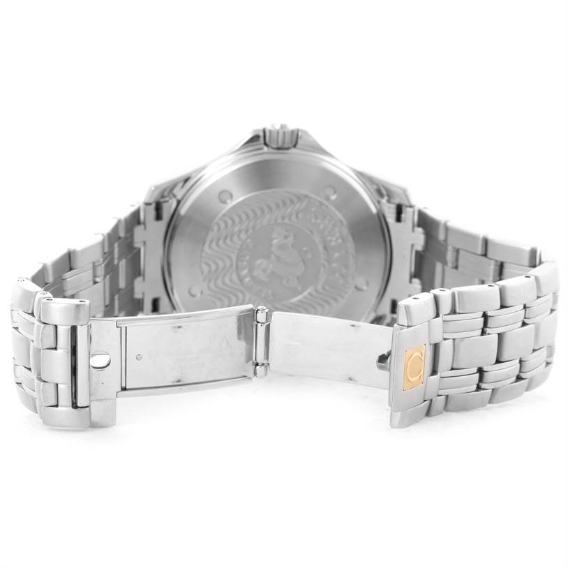 The image shows the back of an Omega Seamaster 2534.50.00 Men
s Stainless Steel Black Dial 2534.50.00 Men
s Stainless Steel Black Dial watch with its metal bracelet and clasp open.