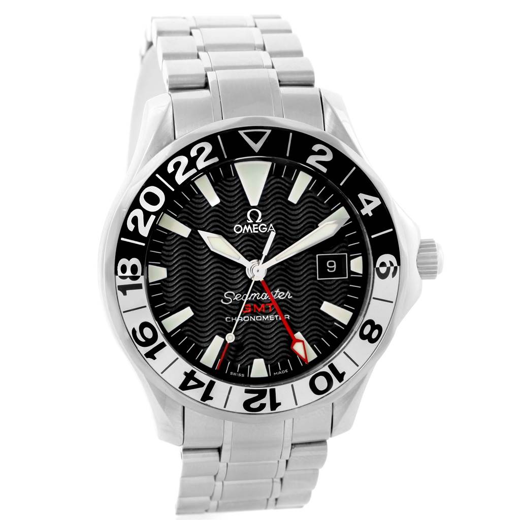 The image shows a front angle view of an Omega Seamaster 2534.50.00 Men
s Stainless Steel Black Dial 2534.50.00 Men
s Stainless Steel Black Dial watch, highlighting its dial, bezel, and bracelet.