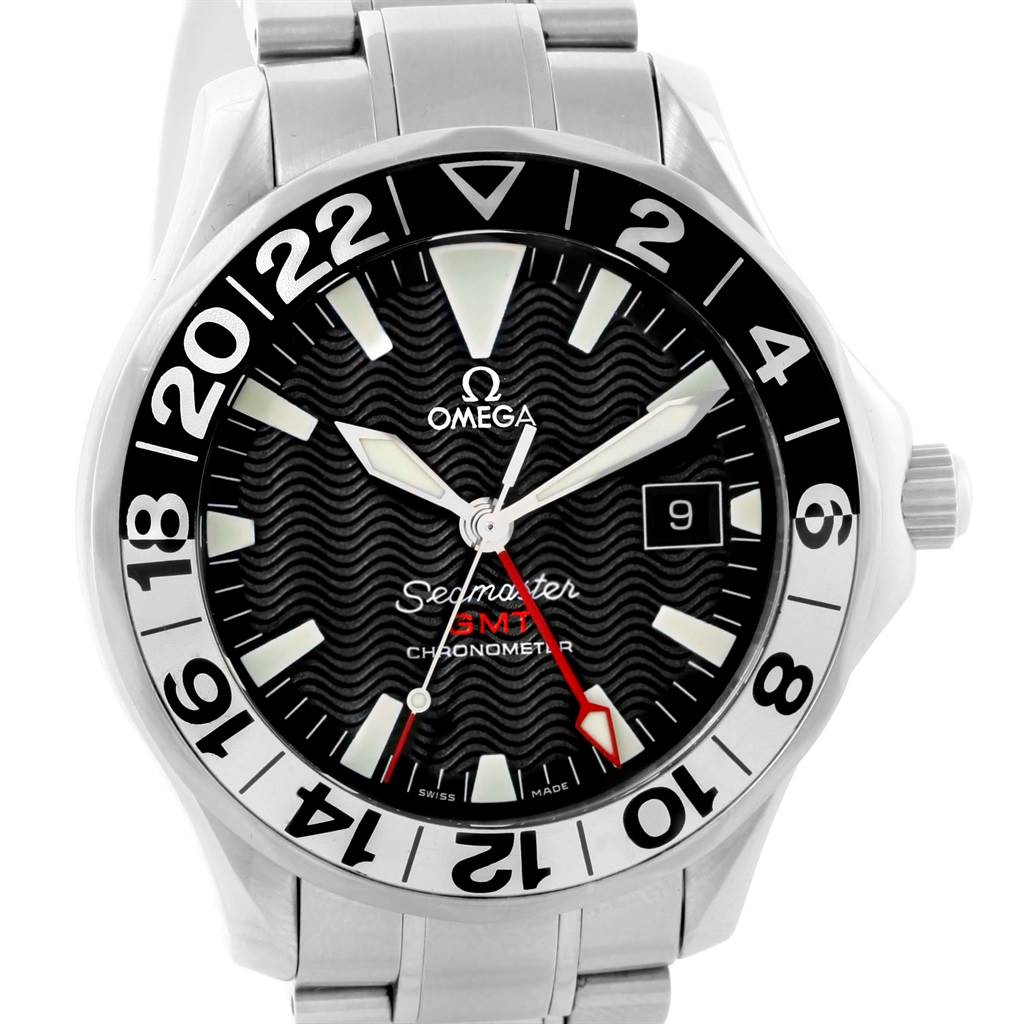 The image shows a front view of an Omega Seamaster 2534.50.00 Men
s Stainless Steel Black Dial 2534.50.00 Men
s Stainless Steel Black Dial watch, displaying its face, bezel, band, and crown.