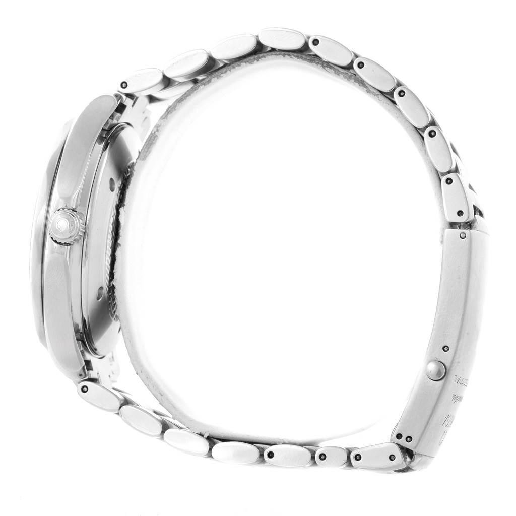 The image shows a side view of an Omega Seamaster 2534.50.00 Men
s Stainless Steel Black Dial 2534.50.00 Men
s Stainless Steel Black Dial watch, highlighting the bracelet, case, and crown.