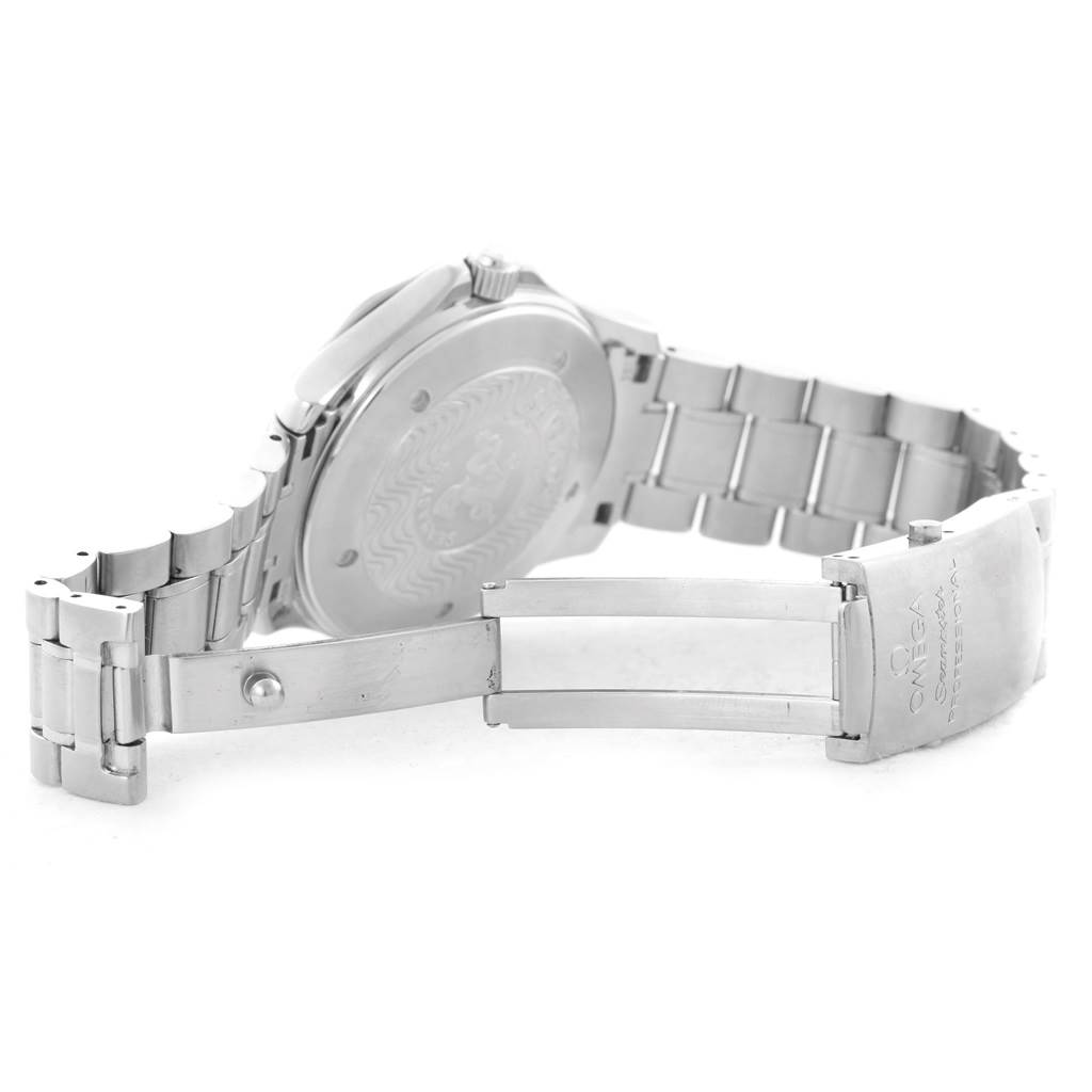 This image shows the Omega Seamaster 2534.50.00 Men
s Stainless Steel Black Dial 2534.50.00 Men
s Stainless Steel Black Dial watch from the rear, highlighting the case back, crown, and partially opened metal bracelet.