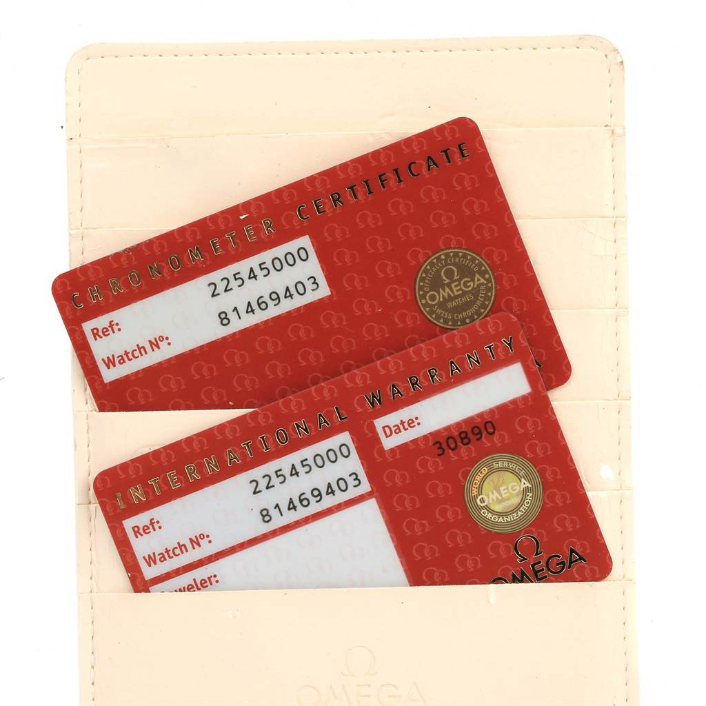 This image shows the Chronometer Certificate and International Warranty cards for an Omega Seamaster 2254.50.00 Men
s Stainless Steel Black Dial 2254.50.00 Men
s Stainless Steel Black Dial watch.