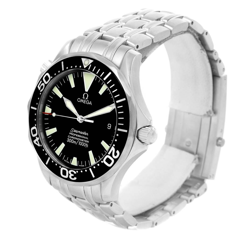 The image shows an Omega Seamaster 2254.50.00 Men
s Stainless Steel Black Dial 2254.50.00 Men
s Stainless Steel Black Dial watch at a three-quarter angle, highlighting the face, bezel, crown, and bracelet.