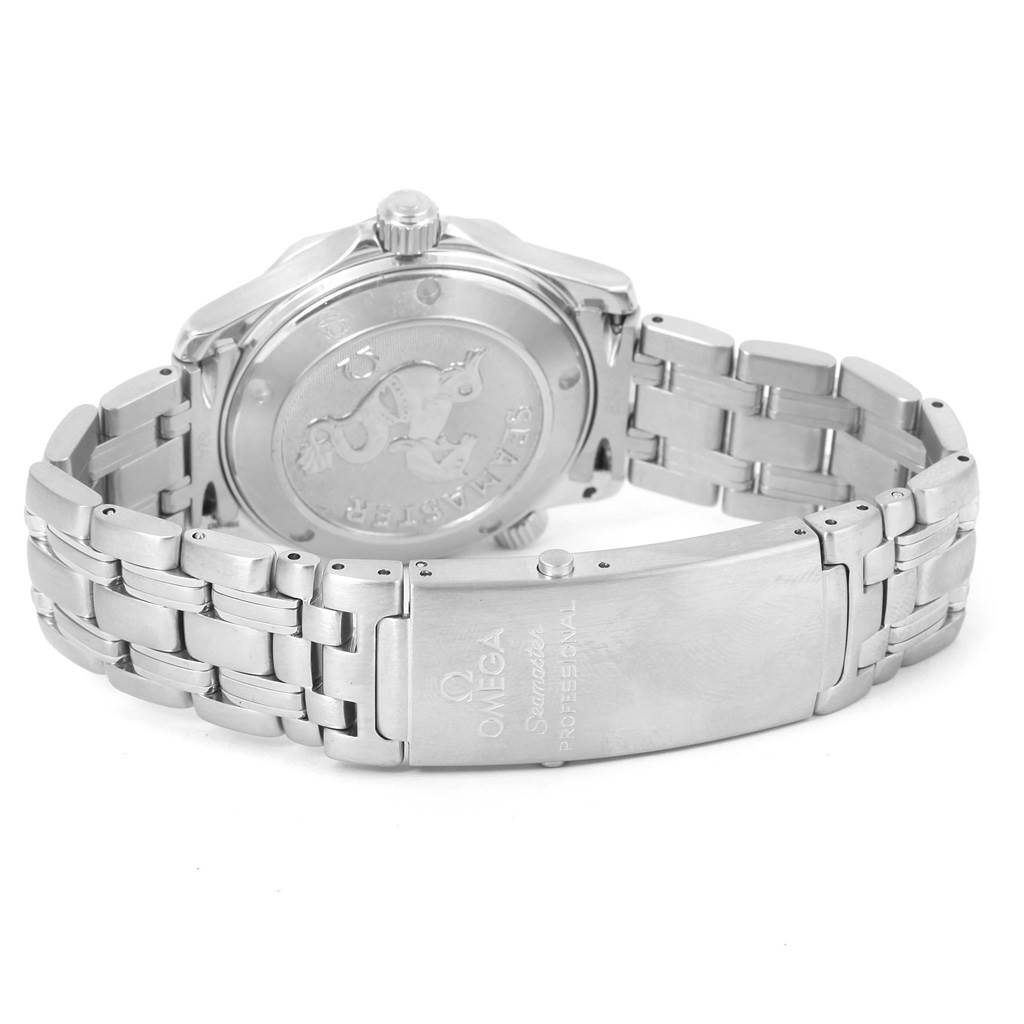 This image shows the back case and clasp of the Omega Seamaster 2223.80.00 Stainless Steel Blue Dial 2223.80.00 Stainless Steel Blue Dial watch, highlighting the bracelet and brand engraving.