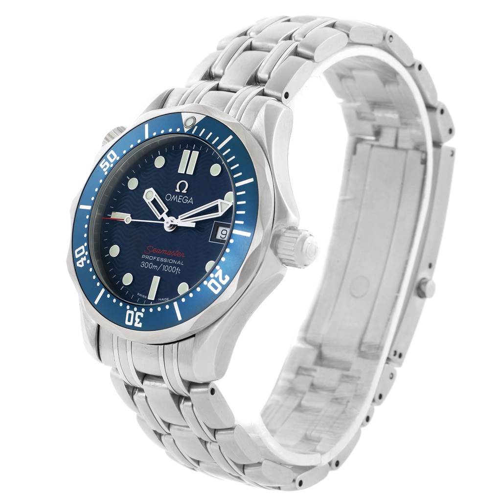 The Omega Seamaster 2223.80.00 Stainless Steel Blue Dial 2223.80.00 Stainless Steel Blue Dial watch is shown at a three-quarter angle, displaying its bracelet, face, bezel, and crown.