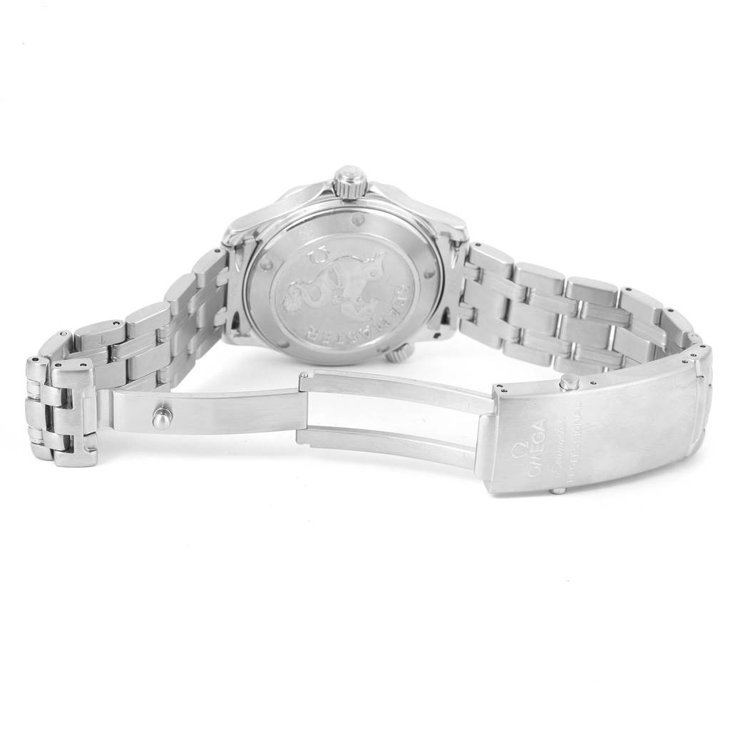 The image shows the back view of the Omega Seamaster 2223.80.00 Stainless Steel Blue Dial 2223.80.00 Stainless Steel Blue Dial watch, highlighting its closed case back and partially opened stainless steel bracelet.