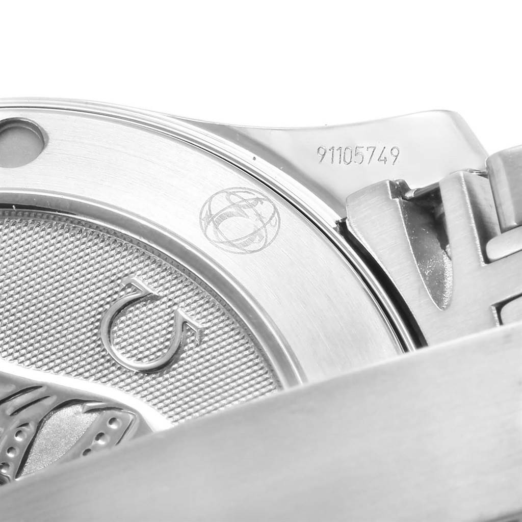 This image shows a close-up angle of the Omega Seamaster 2223.80.00 Stainless Steel Blue Dial 2223.80.00 Stainless Steel Blue Dial case back and part of the metal bracelet.