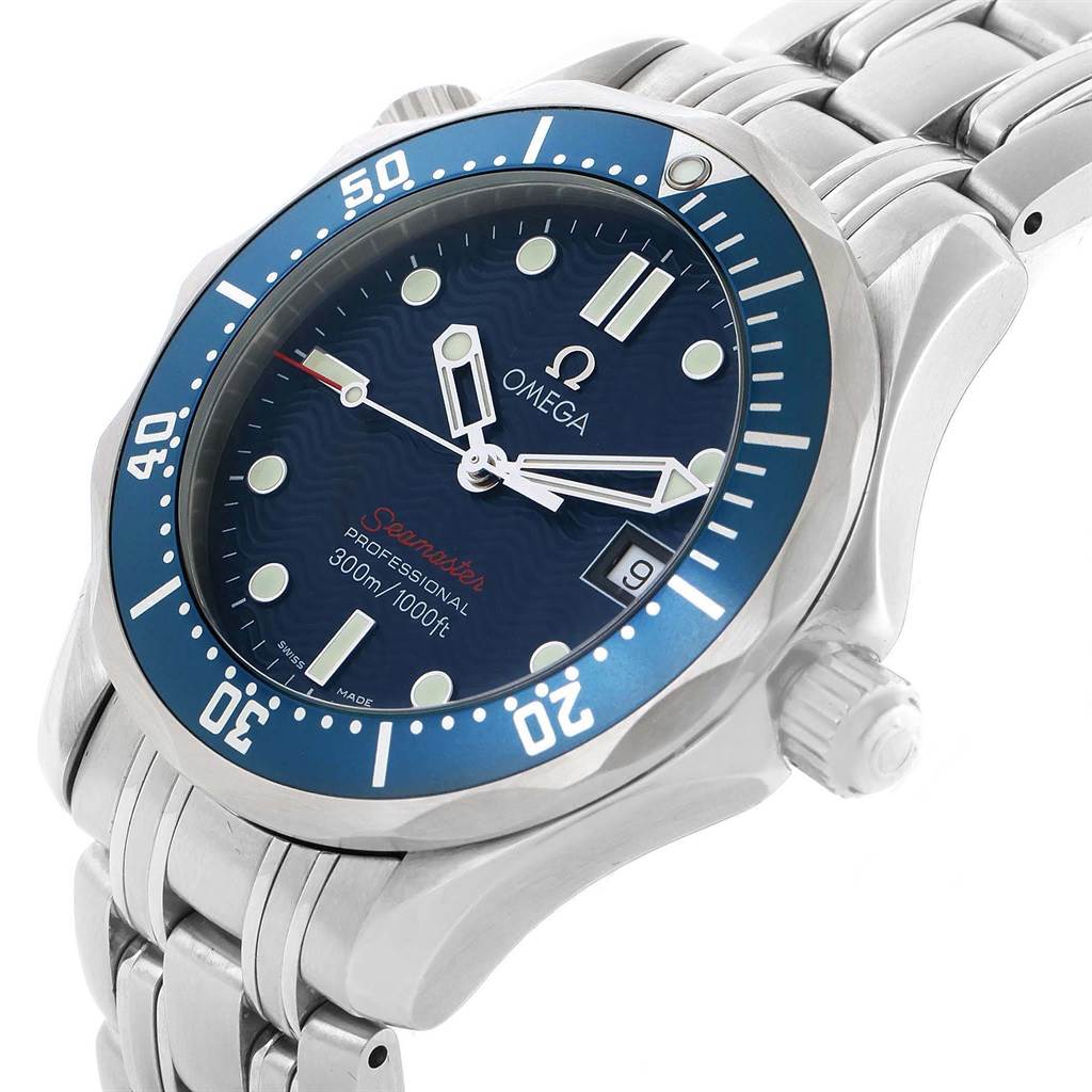 This image shows an angled view of the Omega Seamaster 2223.80.00 Stainless Steel Blue Dial 2223.80.00 Stainless Steel Blue Dial watch, highlighting the face, bezel, and stainless steel bracelet.