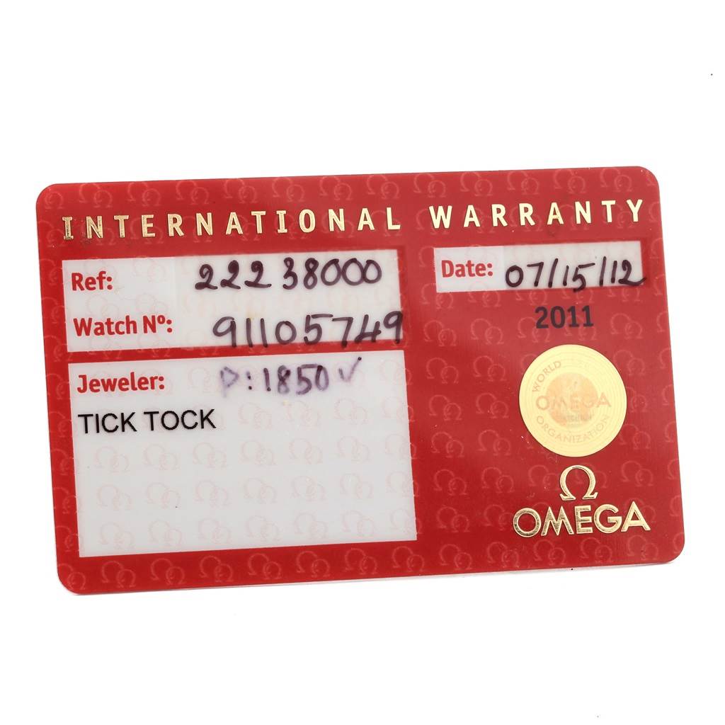 This image shows an International Warranty card for an Omega Seamaster 2223.80.00 Stainless Steel Blue Dial 2223.80.00 Stainless Steel Blue Dial watch.