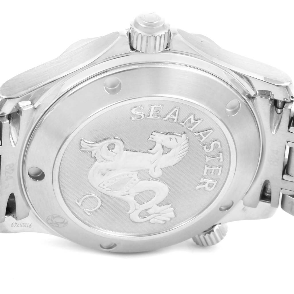 The image shows the back case of an Omega Seamaster 2223.80.00 Stainless Steel Blue Dial 2223.80.00 Stainless Steel Blue Dial watch with its engraved logo and branding.