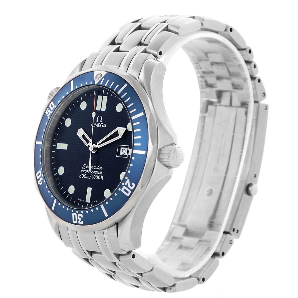 The Omega Seamaster 2541.80.00 Men
s Stainless Steel Blue Dial 2541.80.00 Men
s Stainless Steel Blue Dial watch is shown at a slight angle from the front, highlighting the face, bezel, and stainless steel strap.