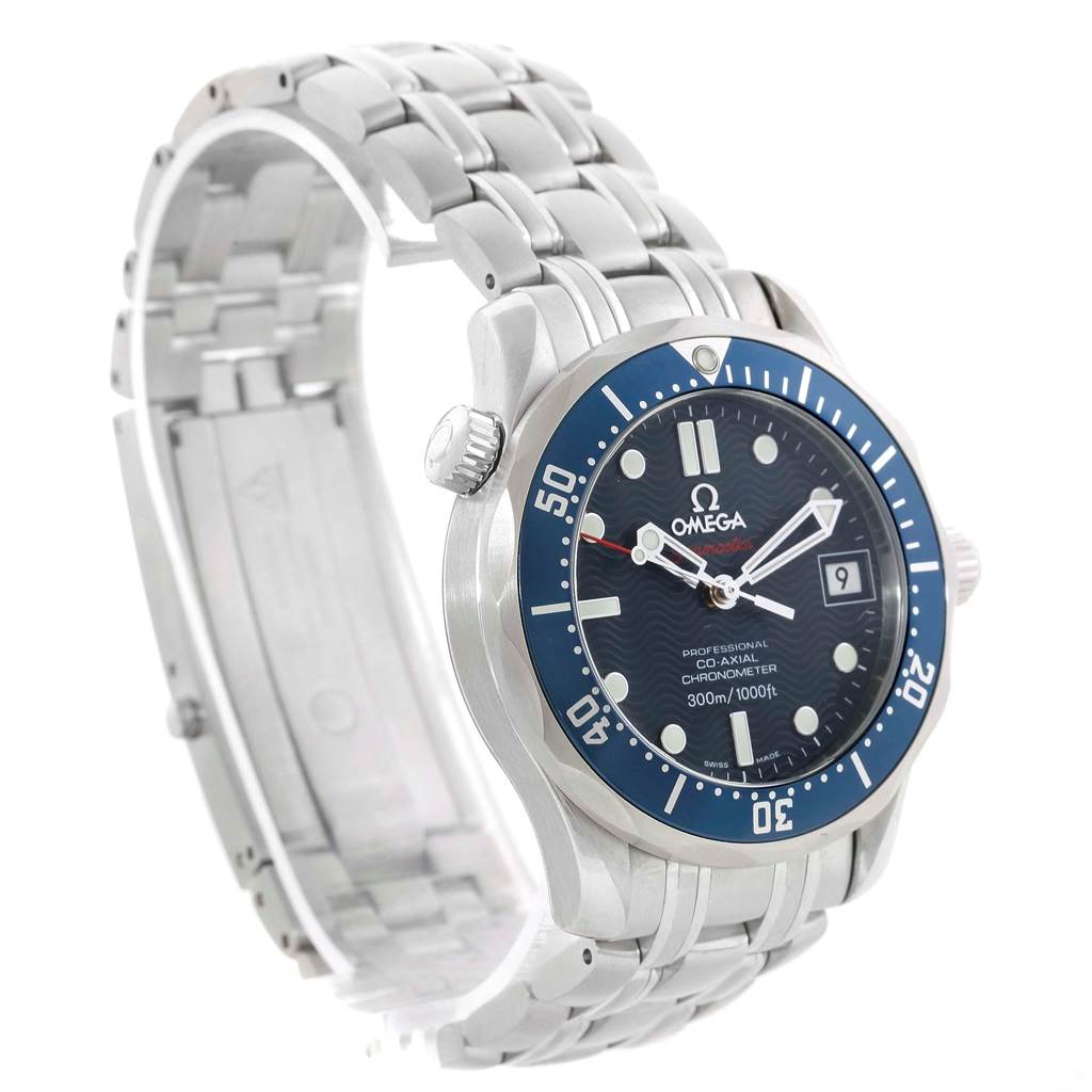 This image shows an Omega Seamaster 2222.80.00 Men
s Stainless Steel Blue Dial 2222.80.00 Men
s Stainless Steel Blue Dial watch angled from the front-left, featuring its bezel, dial, bracelet, and crown.
