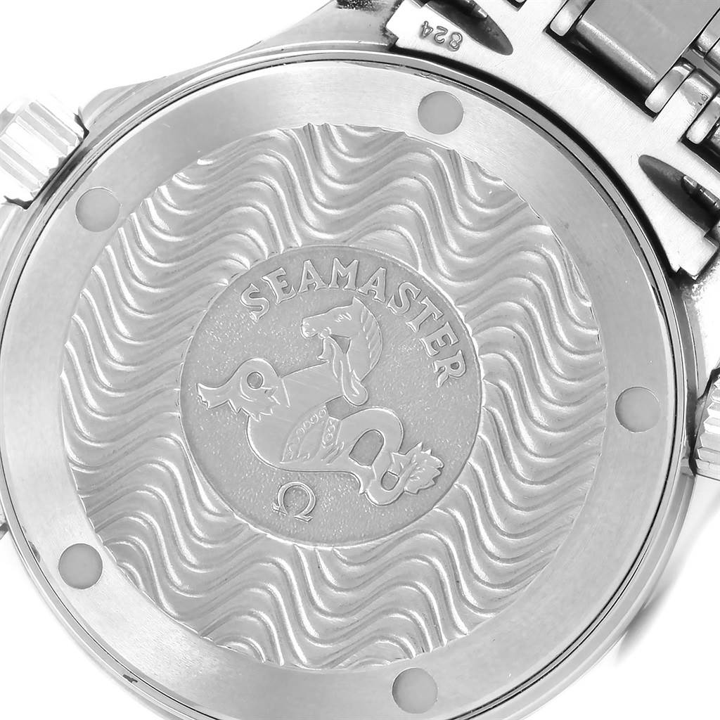 The image shows the back case of an Omega Seamaster 2561.80.00 Men
s Stainless Steel Blue Dial 2561.80.00 Men
s Stainless Steel Blue Dial watch, highlighting its engraved logo and wave pattern.