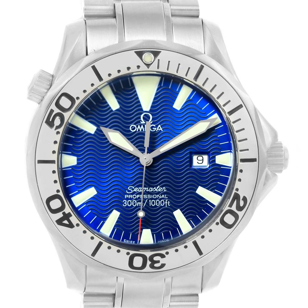 This Omega Seamaster 2265.80.00 Men
s Stainless Steel Blue Dial 2265.80.00 Men
s Stainless Steel Blue Dial watch is shown from the front, highlighting its face, bezel, and part of the band.