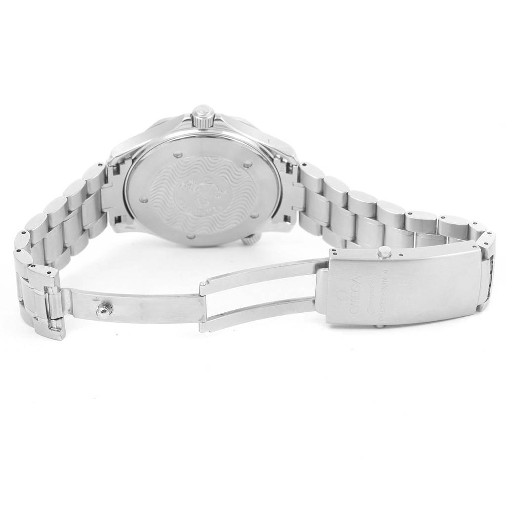 The image shows the backside and bracelet clasp of the Omega Seamaster 2265.80.00 Men
s Stainless Steel Blue Dial 2265.80.00 Men
s Stainless Steel Blue Dial watch, displayed in an open position.