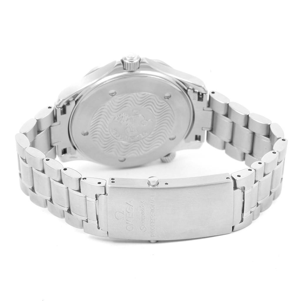 The image shows the back view and clasp of an Omega Seamaster 2265.80.00 Men
s Stainless Steel Blue Dial 2265.80.00 Men
s Stainless Steel Blue Dial watch, highlighting its metal bracelet and engraved case back.