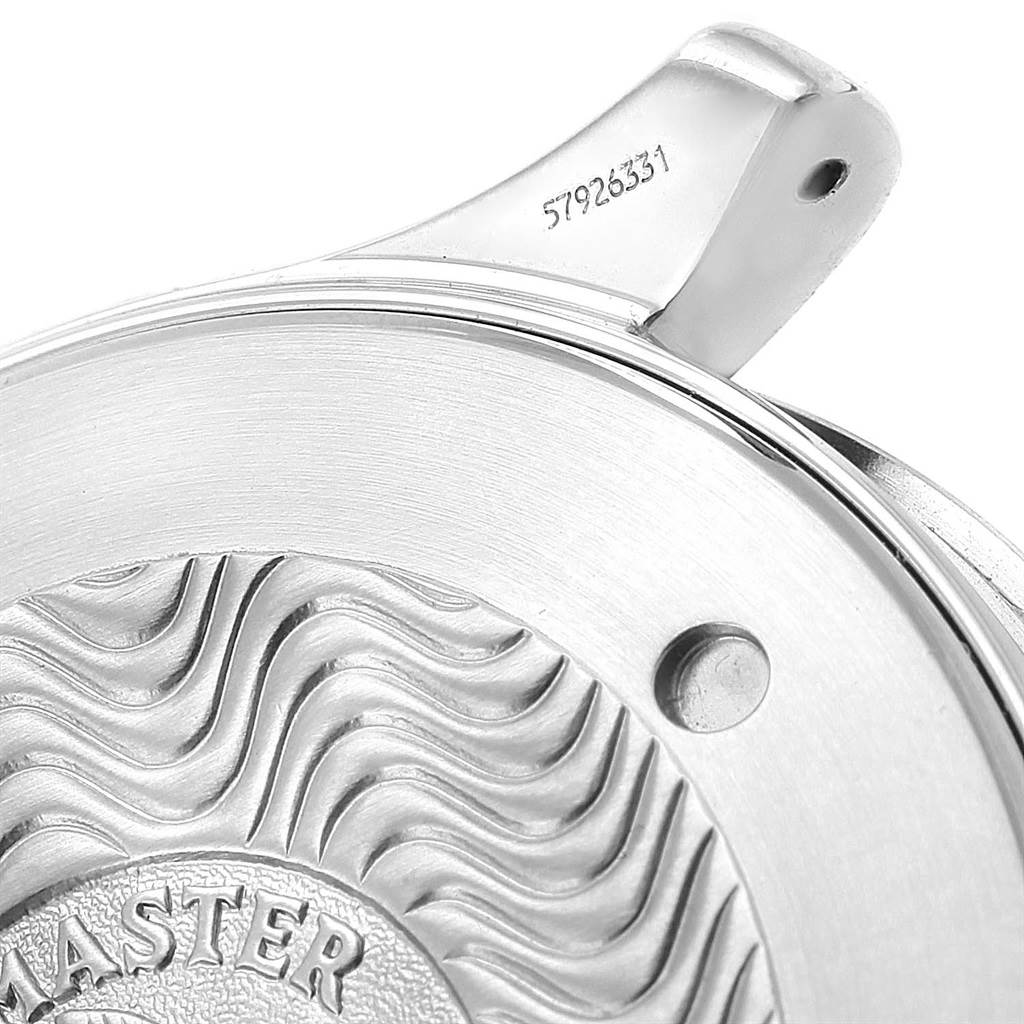 This image shows a close-up of the Omega Seamaster 2265.80.00 Men
s Stainless Steel Blue Dial 2265.80.00 Men
s Stainless Steel Blue Dial case back, highlighting the serial number and engraved design.