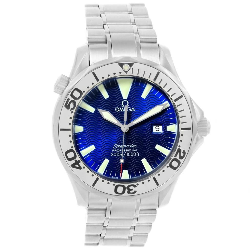 The image shows a front view of an Omega Seamaster 2265.80.00 Men
s Stainless Steel Blue Dial 2265.80.00 Men
s Stainless Steel Blue Dial watch, highlighting its blue dial, stainless steel bracelet, and rotating bezel.