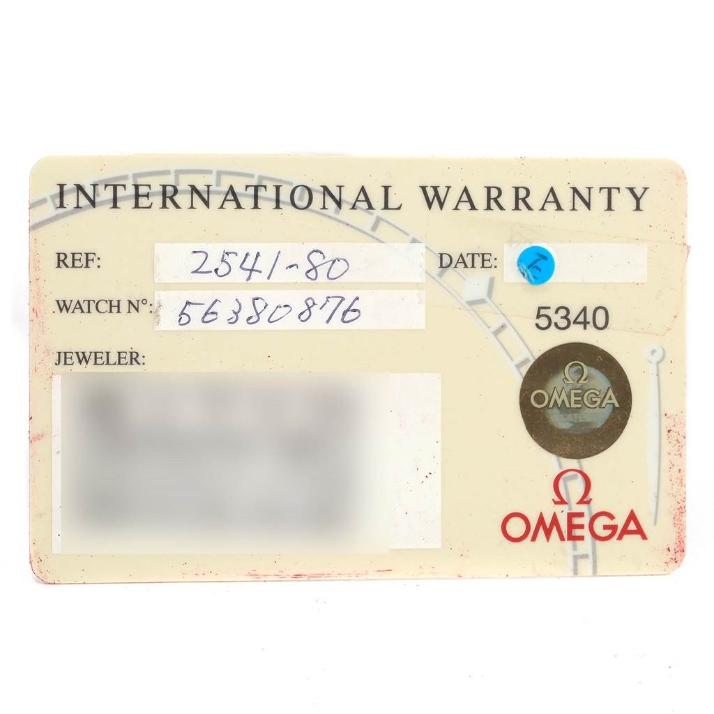 The image shows an International Warranty card for the Omega Seamaster 2541.80.00 Men
s Stainless Steel Blue Dial 2541.80.00 Men
s Stainless Steel Blue Dial model.