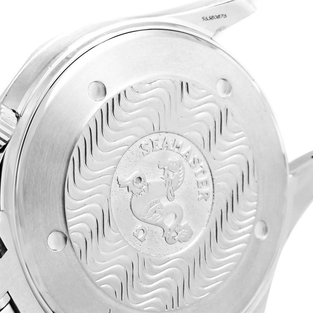 This image displays the backside of the Omega Seamaster 2541.80.00 Men
s Stainless Steel Blue Dial 2541.80.00 Men
s Stainless Steel Blue Dial watch, highlighting its engraved case back design.