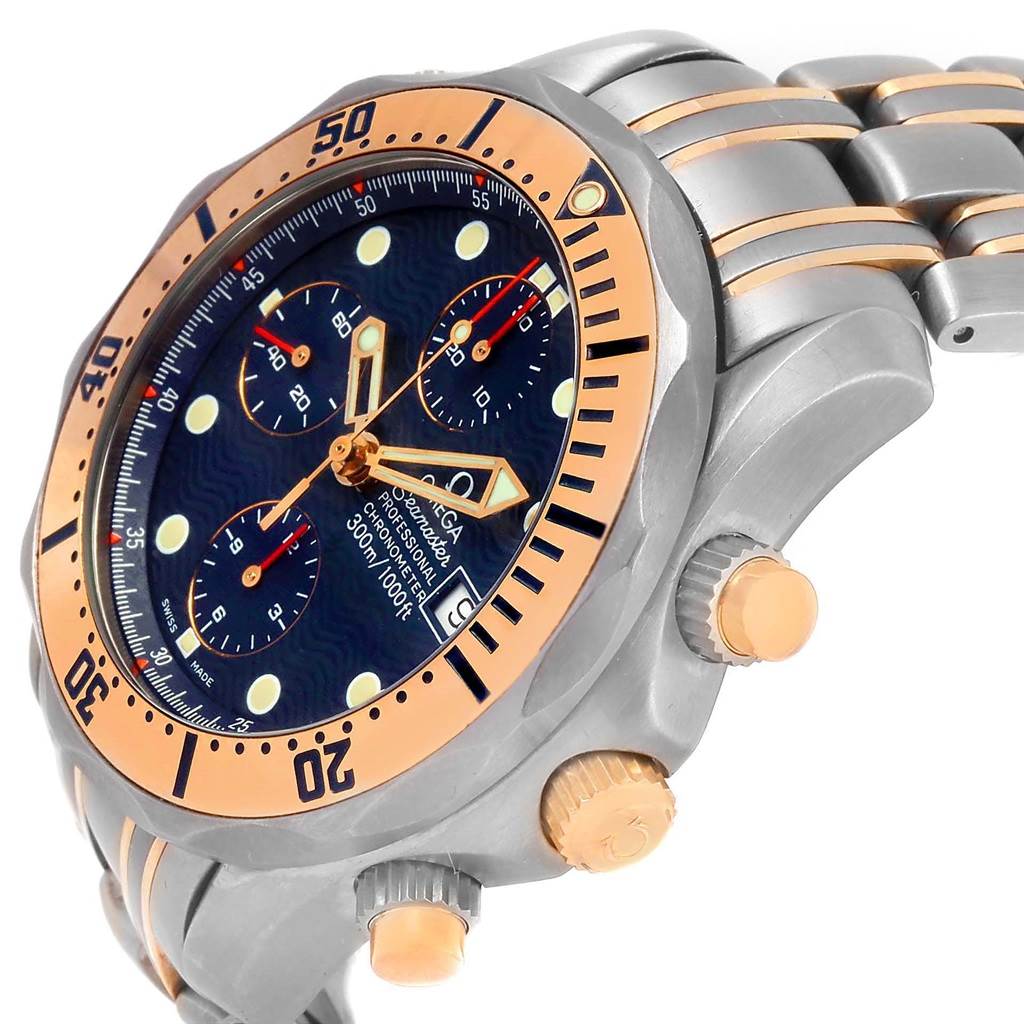 The image displays a side angle of the Omega Seamaster 2296.80.00 Men
s Titanium Blue Dial 2296.80.00 Men
s Titanium Blue Dial watch, highlighting its face, bezel, crown, and part of the bracelet.