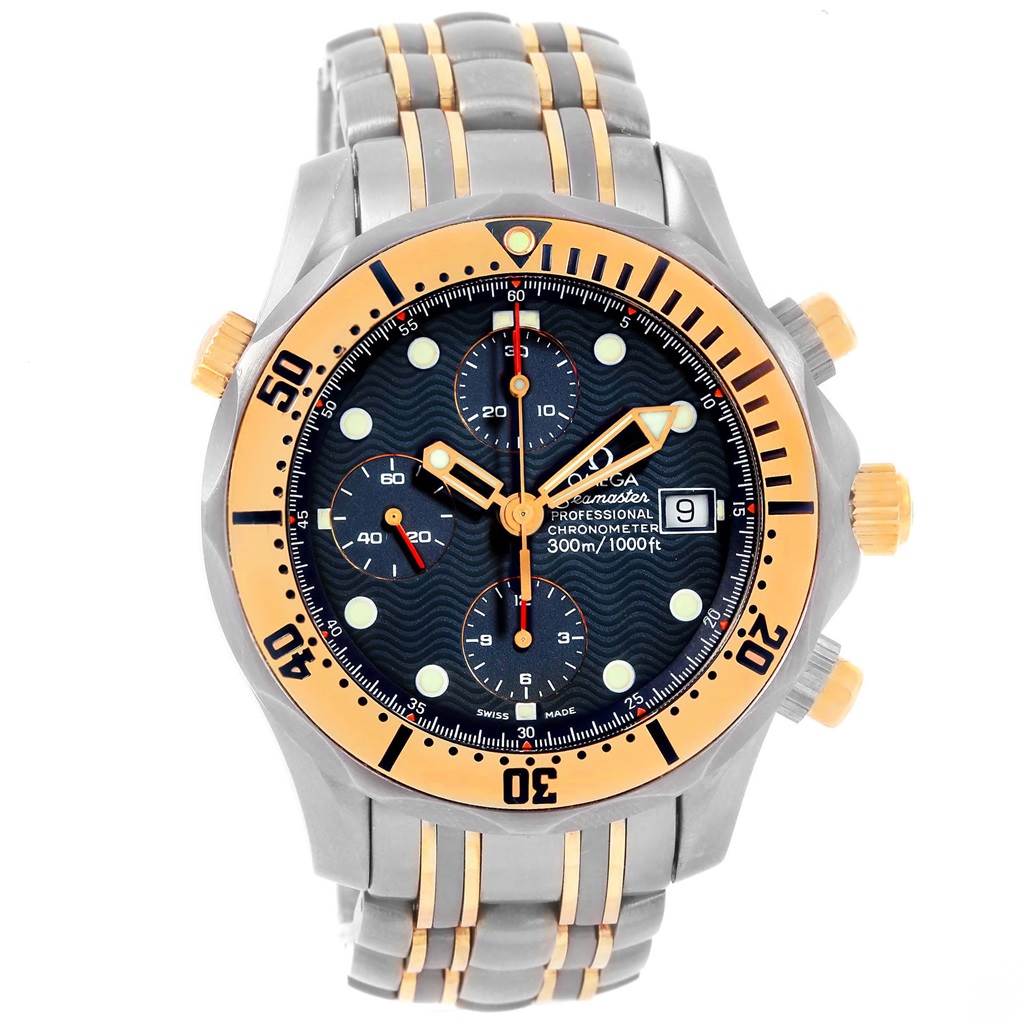 The image shows a front view of an Omega Seamaster 2297.80.00 Men
s Titanium Blue Dial 2297.80.00 Men
s Titanium Blue Dial watch, highlighting its dial, bezel, and bracelet.