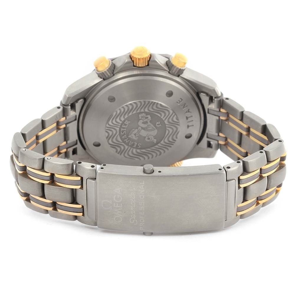 The image shows the back view of an Omega Seamaster 2297.80.00 Men
s Titanium Blue Dial 2297.80.00 Men
s Titanium Blue Dial watch, highlighting the case back, bracelet, and clasp.