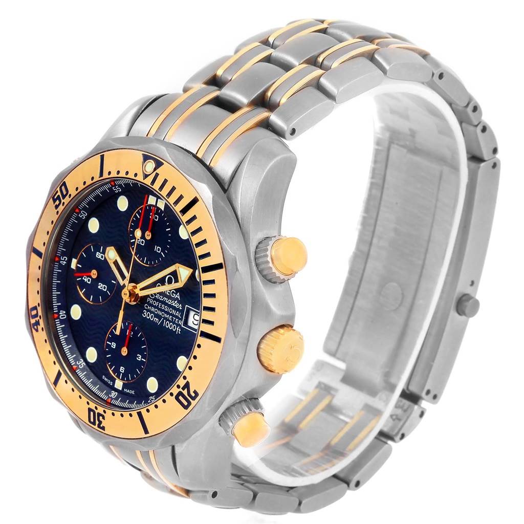 This image shows an angled view of the Omega Seamaster 2297.80.00 Men
s Titanium Blue Dial 2297.80.00 Men
s Titanium Blue Dial watch, highlighting its face, bezel, and steel and gold bracelet.