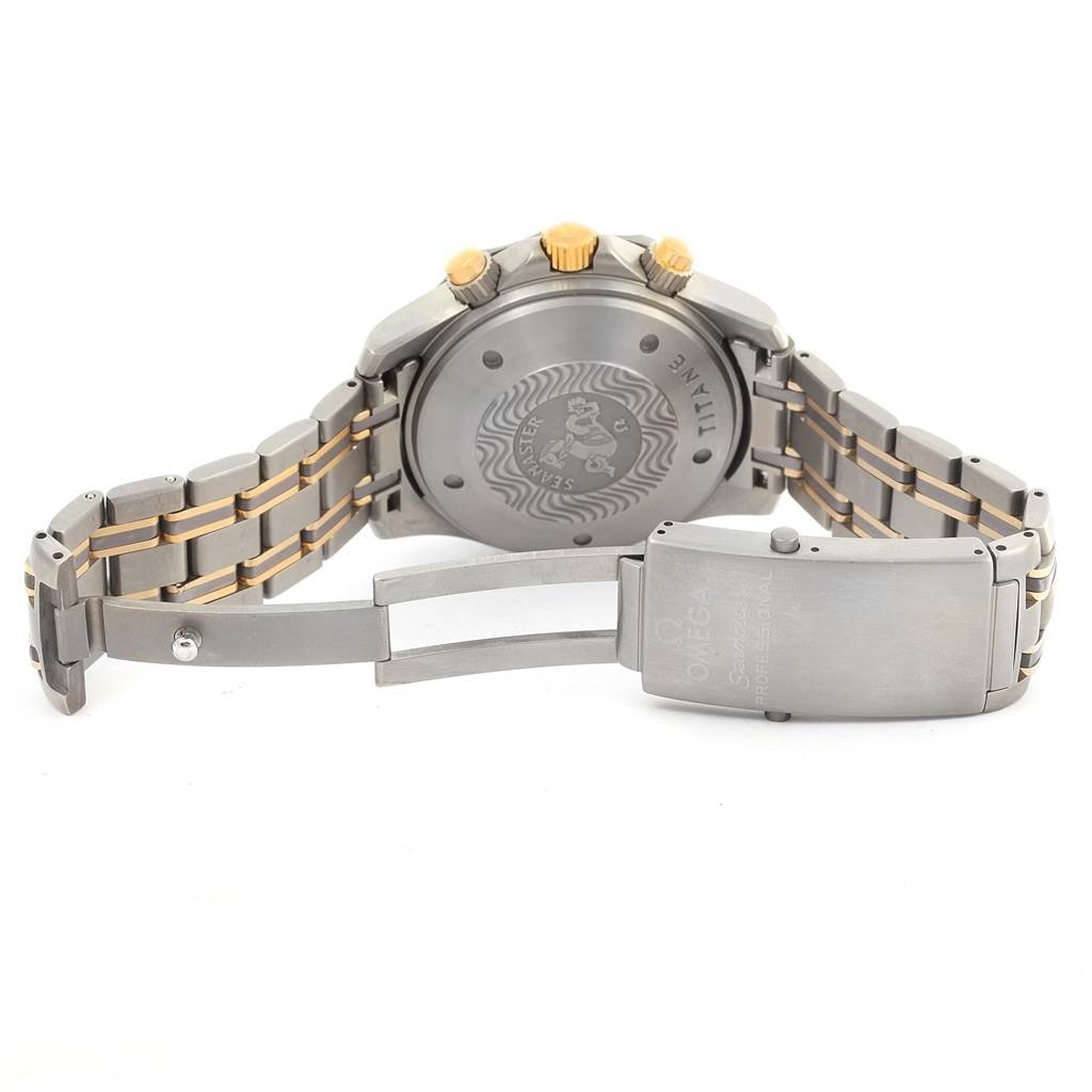 The image shows the back view of an Omega Seamaster 2297.80.00 Men
s Titanium Blue Dial 2297.80.00 Men
s Titanium Blue Dial watch, featuring the case back and partially open metal bracelet with clasp.