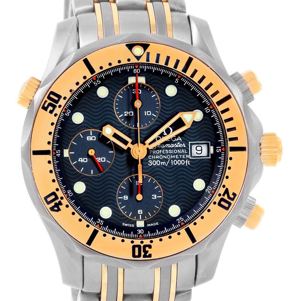 The Omega Seamaster 2297.80.00 Men
s Titanium Blue Dial 2297.80.00 Men
s Titanium Blue Dial watch is shown from the front, displaying the face, bezel, and part of the bracelet.