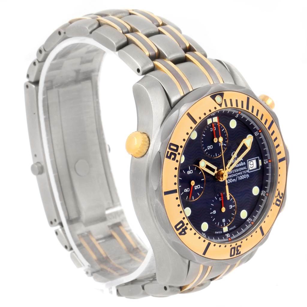 The image shows a side angle of the Omega Seamaster 2297.80.00 Men
s Titanium Blue Dial 2297.80.00 Men
s Titanium Blue Dial watch, highlighting the bezel, dial, and bracelet.