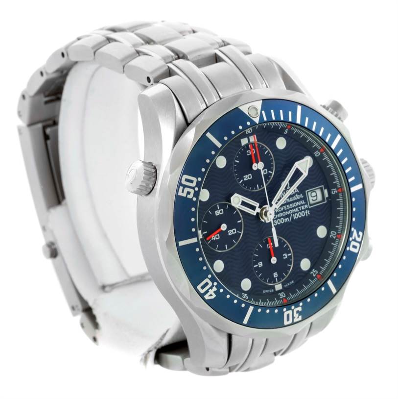 The Omega Seamaster 2599.80.00 Men
s Stainless Steel Blue Dial 2599.80.00 Men
s Stainless Steel Blue Dial watch is shown at a three-quarter angle, displaying the face, bezel, crown, and stainless steel bracelet.