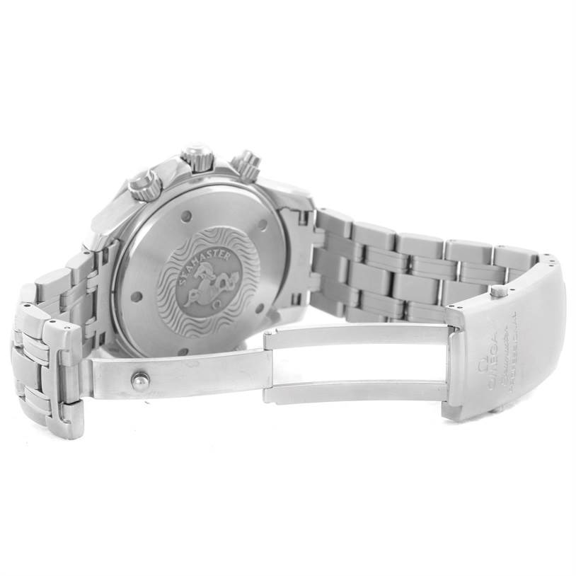 This image shows the back case, clasp, and part of the bracelet of an Omega Seamaster 2599.80.00 Men
s Stainless Steel Blue Dial 2599.80.00 Men
s Stainless Steel Blue Dial watch.