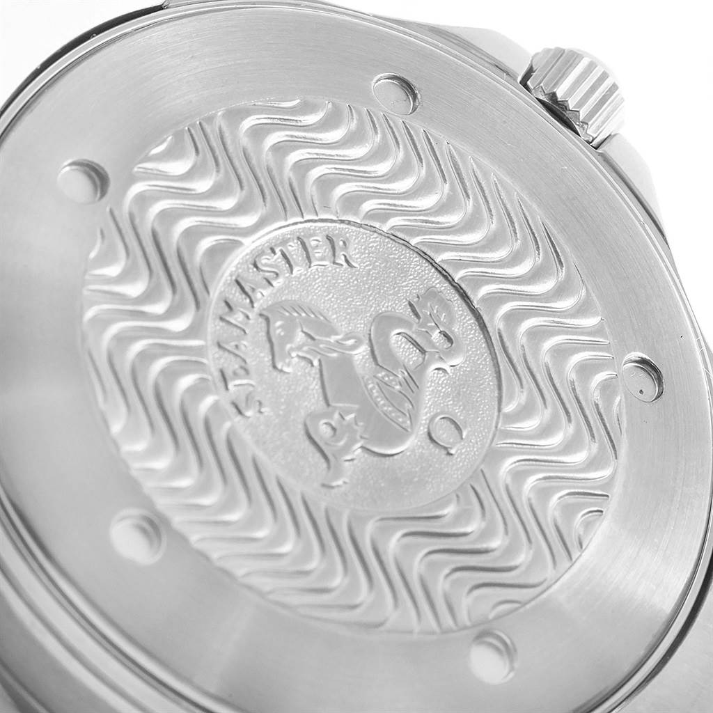 The image shows the engraved back case of an Omega Seamaster 2265.80.00 Men
s Stainless Steel Blue Dial 2265.80.00 Men
s Stainless Steel Blue Dial watch, highlighting the model name and emblem.