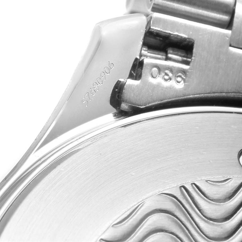 This close-up image of the Omega Seamaster 2265.80.00 Men
s Stainless Steel Blue Dial 2265.80.00 Men
s Stainless Steel Blue Dial watch shows part of the bracelet and case back with engravings.