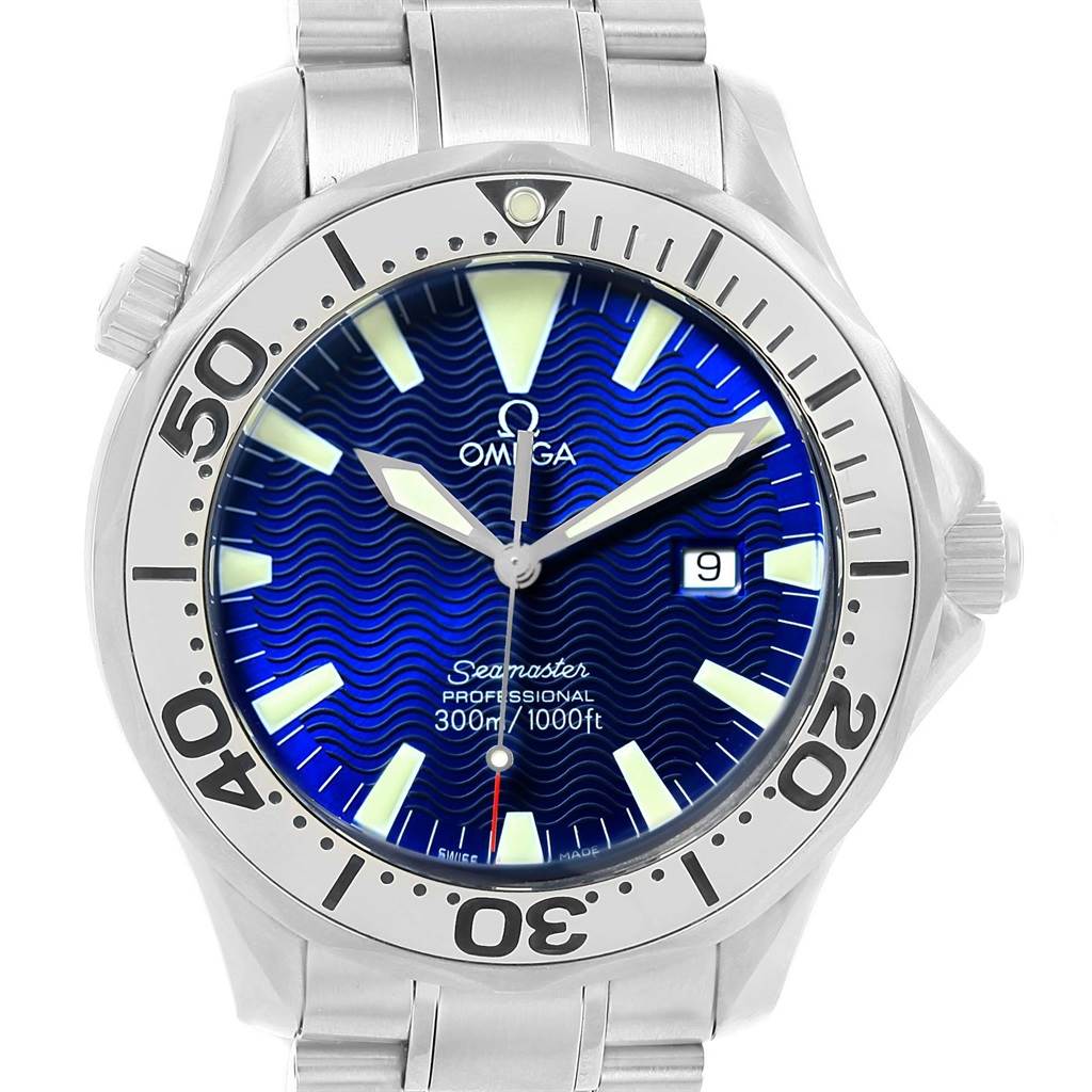The image shows a front view of the Omega Seamaster 2265.80.00 Men
s Stainless Steel Blue Dial 2265.80.00 Men
s Stainless Steel Blue Dial watch, highlighting its blue dial, bezel, and bracelet.
