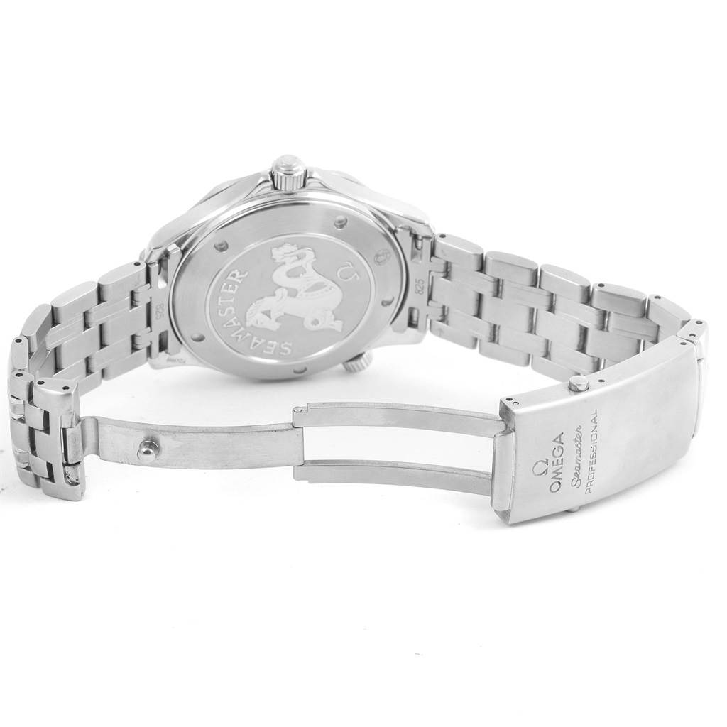 This image shows the back view and clasp of an Omega Seamaster 212.30.41.61.01.001 Men
s Stainless Steel Black Dial 212.30.41.61.01.001 Men
s Stainless Steel Black Dial watch with its logo and engraving visible.