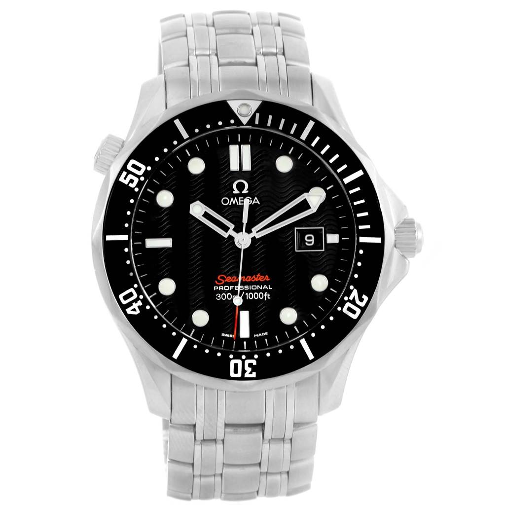 The image shows a frontal view of an Omega Seamaster 212.30.41.61.01.001 Men
s Stainless Steel Black Dial 212.30.41.61.01.001 Men
s Stainless Steel Black Dial watch, highlighting its dial, bezel, and stainless steel bracelet.