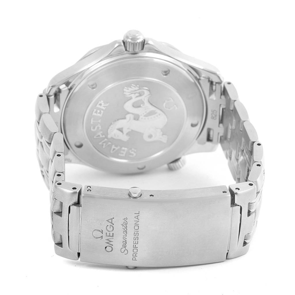 The image shows the Omega Seamaster 212.30.41.61.01.001 Men
s Stainless Steel Black Dial 212.30.41.61.01.001 Men
s Stainless Steel Black Dial watch from a rear angle, highlighting its case back and metal bracelet clasp.