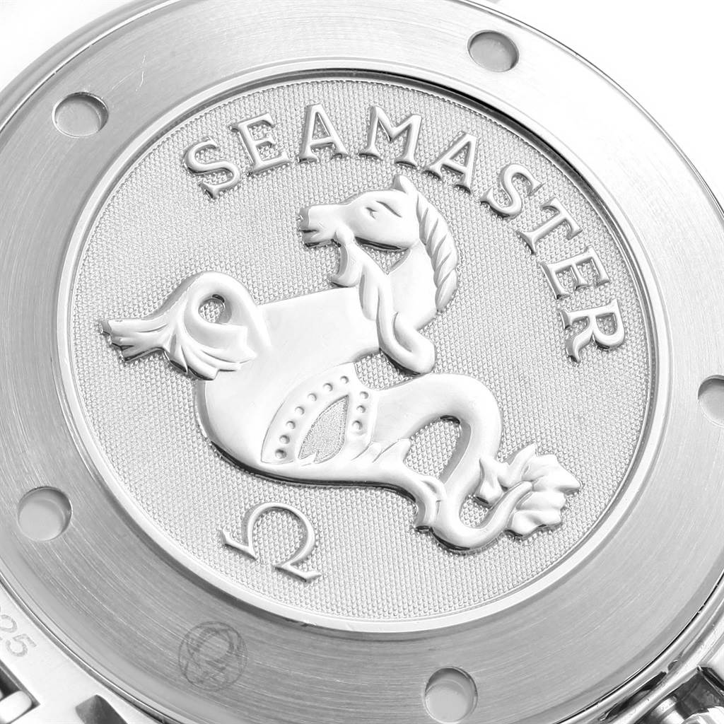 The image shows the case back of an Omega Seamaster 212.30.41.61.01.001 Men
s Stainless Steel Black Dial 212.30.41.61.01.001 Men
s Stainless Steel Black Dial watch, highlighting the engraved logo.