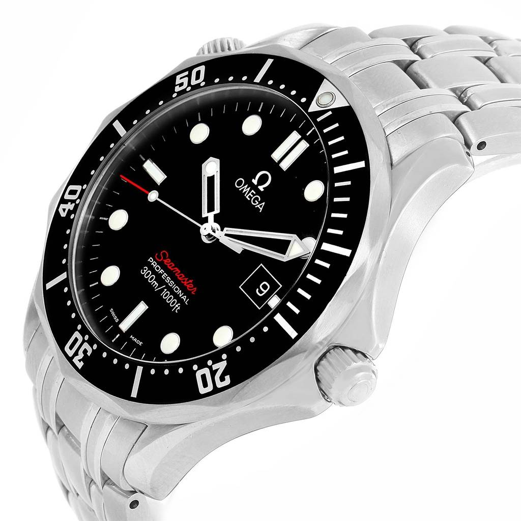 The Omega Seamaster 212.30.41.61.01.001 Men
s Stainless Steel Black Dial 212.30.41.61.01.001 Men
s Stainless Steel Black Dial watch is shown at an angle displaying the dial, bezel, case, crown, and part of the bracelet.