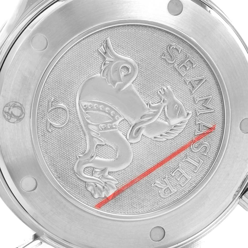 This image shows the back of an Omega Seamaster 212.30.41.20.01.002 Men
s Stainless Steel Black Dial 212.30.41.20.01.002 Men
s Stainless Steel Black Dial watch, highlighting its embossed emblem and surrounding metal casing.