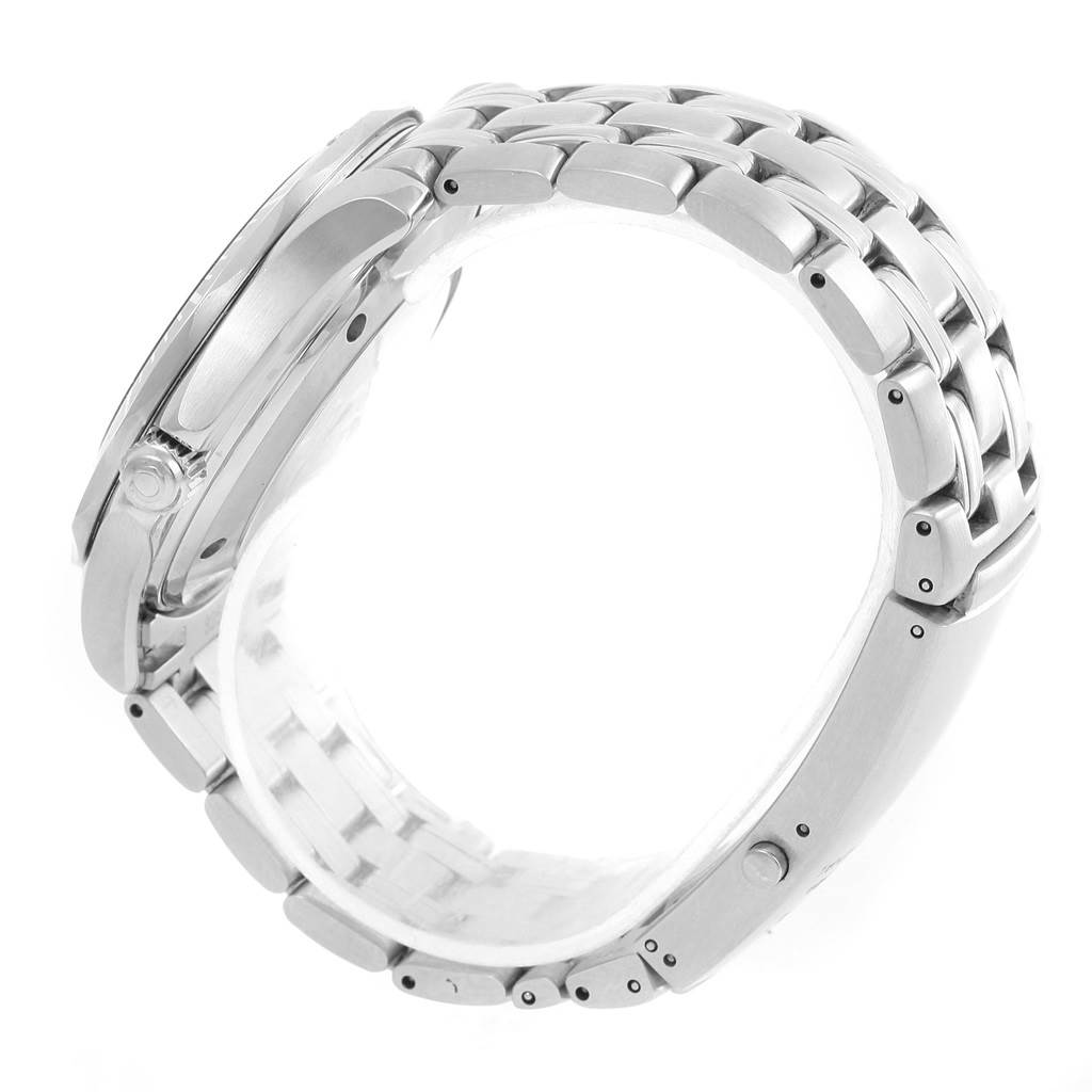 This image shows the side view of a Seamaster model by Omega, highlighting its stainless steel case and bracelet.