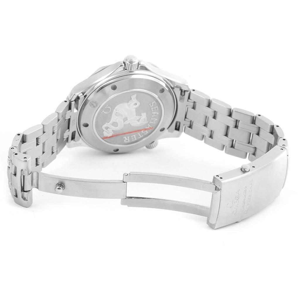 The image shows the back and bracelet of an Omega Seamaster 212.30.41.20.01.002 Men
s Stainless Steel Black Dial 212.30.41.20.01.002 Men
s Stainless Steel Black Dial watch, including the case back and deployment clasp.