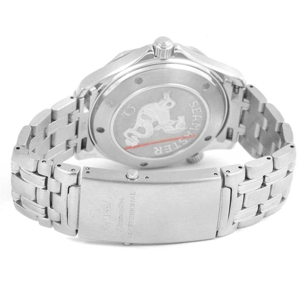 This image shows the back case and metal bracelet clasp of an Omega Seamaster 212.30.41.20.01.002 Men
s Stainless Steel Black Dial 212.30.41.20.01.002 Men
s Stainless Steel Black Dial watch from a rear angle.