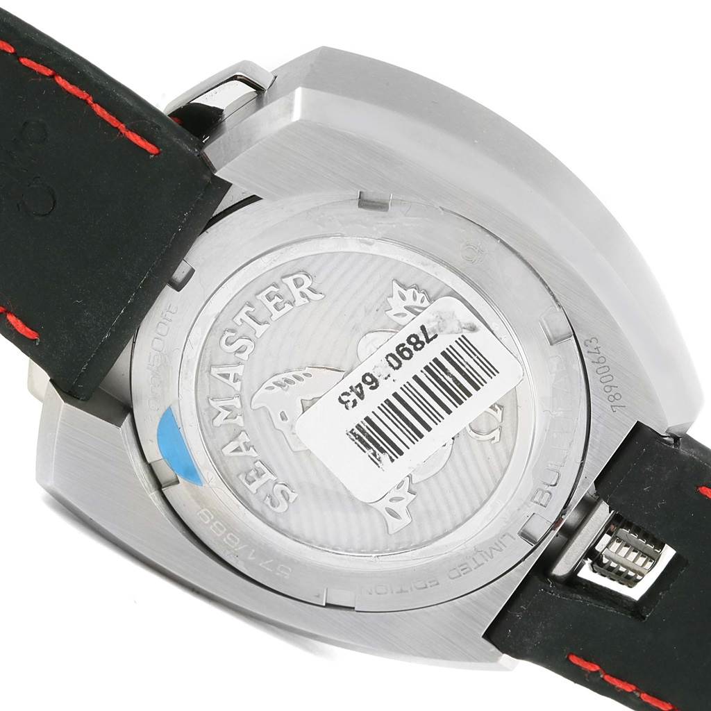 The image shows the back of an Omega Seamaster 225.12.43.50.01.001 Men's Stainless Steel Black Dial 225.12.43.50.01.001 Men's Stainless Steel Black Dial watch, including the case back, strap, and clasp.