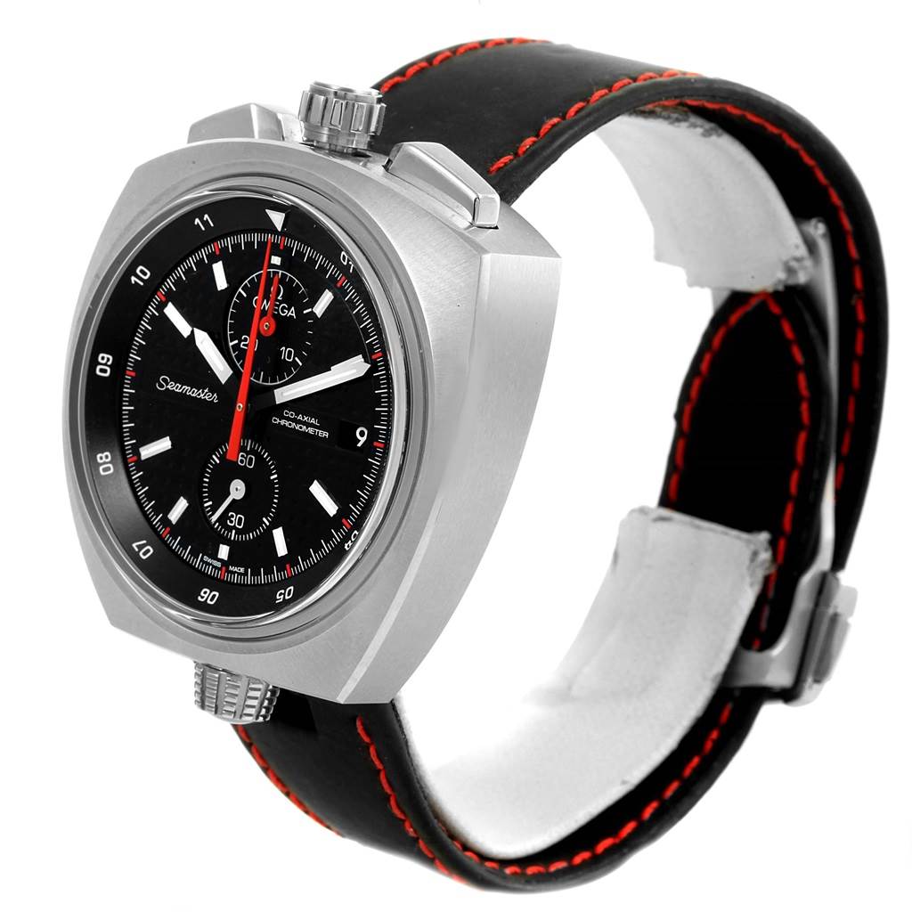 The image shows an angled side view of the Omega Seamaster 225.12.43.50.01.001 Men's Stainless Steel Black Dial 225.12.43.50.01.001 Men's Stainless Steel Black Dial watch, highlighting its face, bezel, crown, and strap.